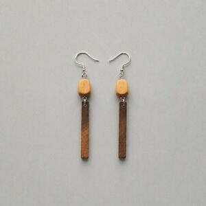 Handmade Geometric Wood Drop Earrings Brown Tan Two Tone Dangle Boho